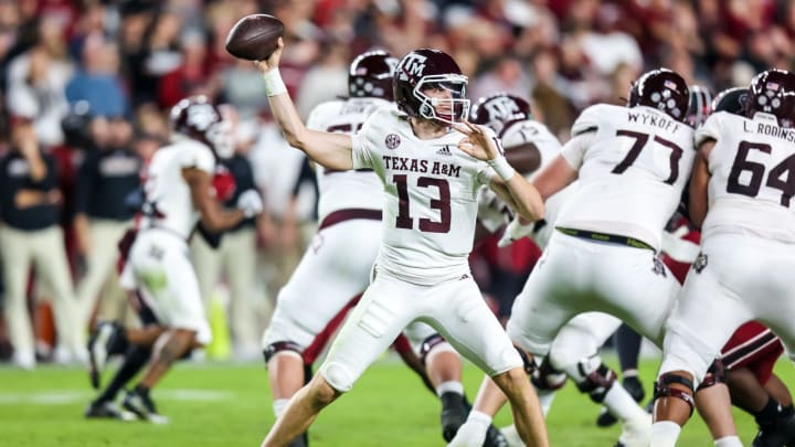 Oct 22, 2022; Columbia, South Carolina, USA; Texas A&M Aggies quarterback Haynes King (13) passes against the South Carolina Gamecocks in the second quarter at Williams-Brice Stadium. Mandatory Credit: Jeff Blake-USA TODAY Sports