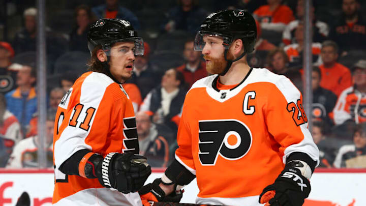PHILADELPHIA, PA - JANUARY 16: Travis Konecny #11 and Claude Giroux #28 of the Philadelphia Flyers in action against the Montreal Canadiens at the Wells Fargo Center on January 16, 2020 in Philadelphia, Pennsylvania. (Photo by Mitchell Leff/Getty Images)