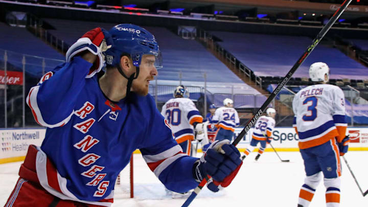 Jan 16, 2021; New York, New York, USA; New York Rangers right wing Pavel Buchnevich (89) reacts after a scoring a goal against New York Islanders goaltender Ilya Sorokin (30) during the second period at Madison Square Garden. Mandatory Credit: Bruce Bennett /POOL PHOTOS-USA TODAY Sports