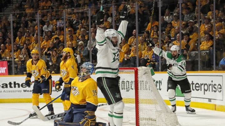 NASHVILLE, TENNESSEE - APRIL 20: Alexander Radulov #47 of the Dallas Stars celebrates with teammate Jamie Benn #14 after scoring a goal against goalie Pekka Rinne #35 of the Nashville Predators during the second period of Game Five of the Western Conference First Round during the 2019 NHL Stanley Cup Playoffs at Bridgestone Arena on April 20, 2019 in Nashville, Tennessee. (Photo by Frederick Breedon/Getty Images)