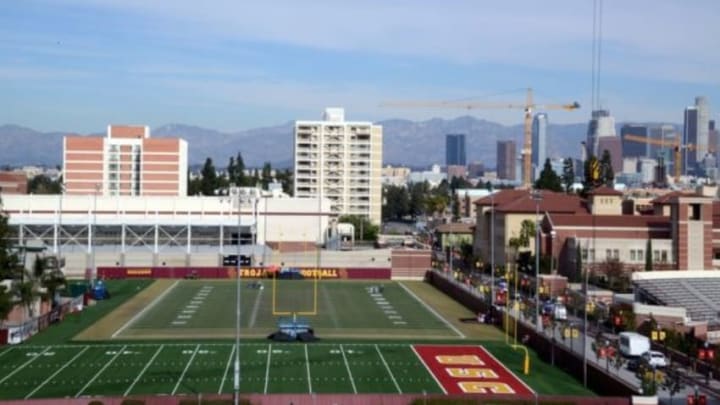 Nov 30, 2015; Los Angeles, CA, USA; General view of Howard Jones Field, the practice facility for the Southern California Trojans football program. Mandatory Credit: Kirby Lee-USA TODAY Sports