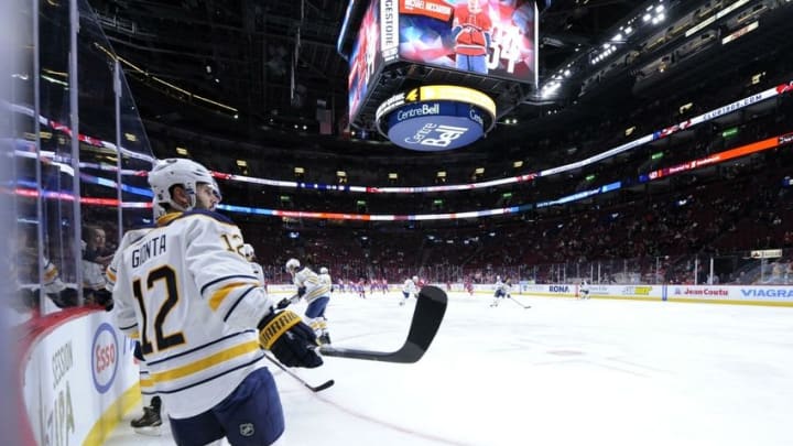 Mar 10, 2016; Montreal, Quebec, CAN; Buffalo Sabres forward Brian Gionta (12) skates during the warmup period before the game against the Montreal Canadiens at the Bell Centre. Mandatory Credit: Eric Bolte-USA TODAY Sports
