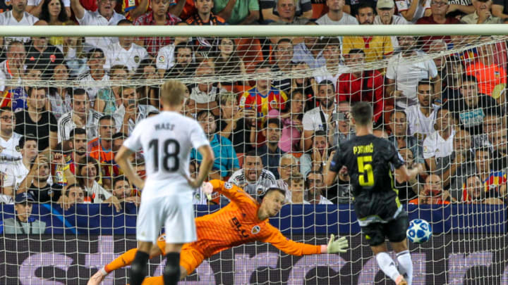 19th September 2018, Mestalla, Valencia, Spain; UEFA Champions League football, Valencia versus Juventus; Miralem Pjanic of Juventus Turin scores for 1-0 from a penalty kick in the 43rd minute (photo by Pedro Salado/Action Plus via Getty Images)