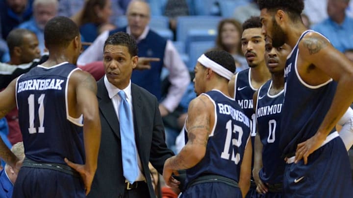 CHAPEL HILL, NC - DECEMBER 28: Head coach King Rice of the Monmouth Hawks huddles with his team after they were called for a pair of technical fouls during the game against the North Carolina Tar Heels at the Dean Smith Center on December 28, 2016 in Chapel Hill, North Carolina. (Photo by Grant Halverson/Getty Images)