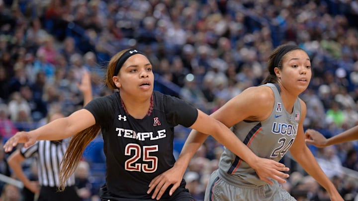 HARTFORD, CT – FEBRUARY 18: Temple Owls Forward Mia Davis (25) and UConn Huskies Forward Napheesa Collier (24) battle for the rebound during the game as the UConn Huskies host the Temple Owls on February 18, 2018 at the XL Center in Hartford, Connecticut. (Photo by Williams Paul/Icon Sportswire via Getty Images)