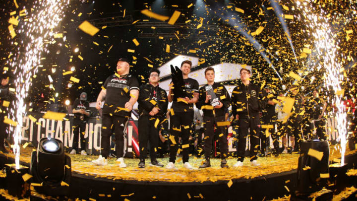 LOS ANGELES, CALIFORNIA - AUGUST 22: Atlanta FaZe celebrate after defeating Toronto Ultra in the Call of Duty League Championship Final at Galen Center on August 22, 2021 in Los Angeles, California. (Photo by Michael Owens/Getty Images)