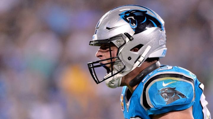 CHARLOTTE, NC - OCTOBER 12: Luke Kuechly #59 of the Carolina Panthers reacts after making a tackle for a loss against the Philadelphia Eagles during their game at Bank of America Stadium on October 12, 2017 in Charlotte, North Carolina. (Photo by Grant Halverson/Getty Images)