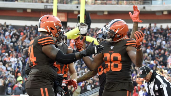 CLEVELAND, OHIO - DECEMBER 22: Demetrius Harris #88 of the Cleveland Browns celebrates with his teammates after scoring a touchdown against the Baltimore Ravens during the second quarter in the game at FirstEnergy Stadium on December 22, 2019 in Cleveland, Ohio. (Photo by Jason Miller/Getty Images)