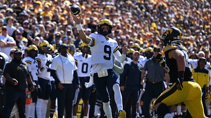 Oct 1, 2022; Iowa City, Iowa, USA; Michigan Wolverines quarterback J.J. McCarthy (9) in action against the Iowa Hawkeyes at Kinnick Stadium. Mandatory Credit: Jeffrey Becker-USA TODAY Sports