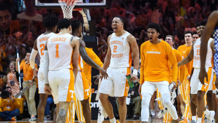 KNOXVILLE, TN - MARCH 2: Tennessee Volunteers celebrate as the walk off the court during a college basketball game between the Tennessee Volunteers and Kentucky Wildcats on March 2, 2019, at Thompson-Boling Arena in Knoxville, TN. (Photo by Bryan Lynn/Icon Sportswire via Getty Images)
