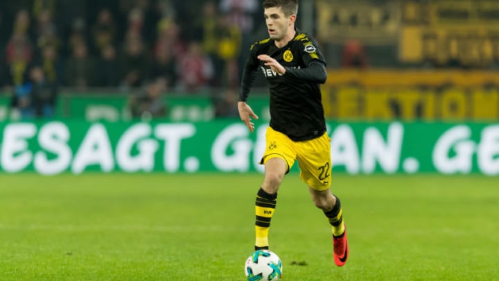 COLOGNE, GERMANY - FEBRUARY 02: Christian Pulisic of Dortmund controls the ball during the Bundesliga match between 1. FC Koeln and Borussia Dortmund at RheinEnergieStadion on February 2, 2018 in Cologne, Germany. (Photo by TF-Images/TF-Images via Getty Images)