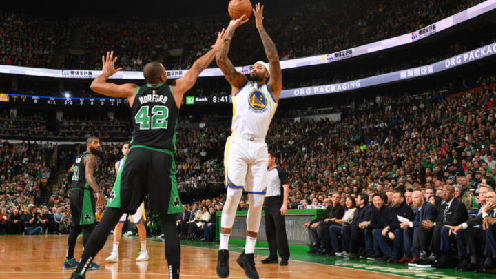 BOSTON, MA - JANUARY 26: DeMarcus Cousins #0 of the Golden State Warriors shoots the ball against the Boston Celtics on January 26, 2019 at the TD Garden in Boston, Massachusetts. NOTE TO USER: User expressly acknowledges and agrees that, by downloading and/or using this photograph, user is consenting to the terms and conditions of the Getty Images License Agreement. Mandatory Copyright Notice: Copyright 2019 NBAE (Photo by Jesse D. Garrabrant/NBAE via Getty Images)