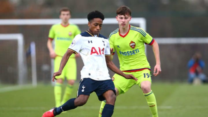 ENFIELD, ENGLAND – DECEMBER 07: Ivan Oleynikov of CSKA Moskva battles for possession with Kyle Walker-Peters of Tottenham Hotspur during the UEFA Youth Champions League match between Tottenham Hotspur FC and PFC CSKA Moskva at Tottenham Hotspur Training Ground on December 7, 2016 in Enfield, London. (Photo by Alex Pantling/Getty Images)