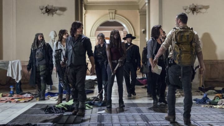 Khary Payton as Ezekiel, Lauren Cohan as Maggie Rhee, Norman Reedus as Daryl Dixon, Melissa McBride as Carol Peletier, Danai Gurira as Michonne, Seth Gilliam as Father Gabriel Stokes, Pollyanna McIntosh as Jadis/Anne, Avi Nash as Siddiq, Andrew Lincoln as Rick Grimes - The Walking Dead _ Season 9, Episode 1 - Photo Credit: Jackson Lee Davis/AMC