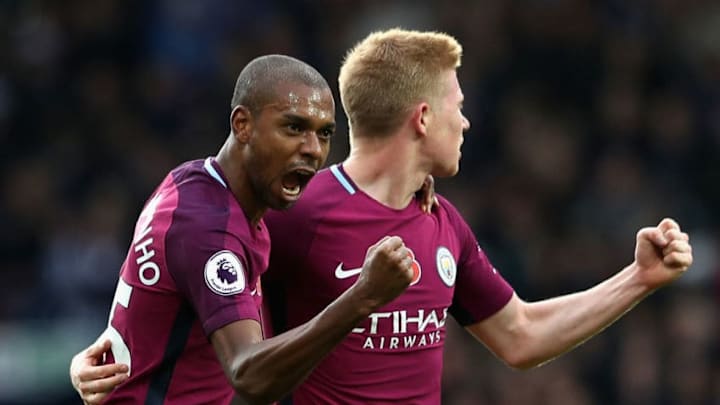 WEST BROMWICH, ENGLAND - OCTOBER 28: Fernandinho of Manchester City celebrates scoring his sides second goal with Kevin De Bruyne of Manchester City during the Premier League match between West Bromwich Albion and Manchester City at The Hawthorns on October 28, 2017 in West Bromwich, England. (Photo by Matthew Lewis/Getty Images)