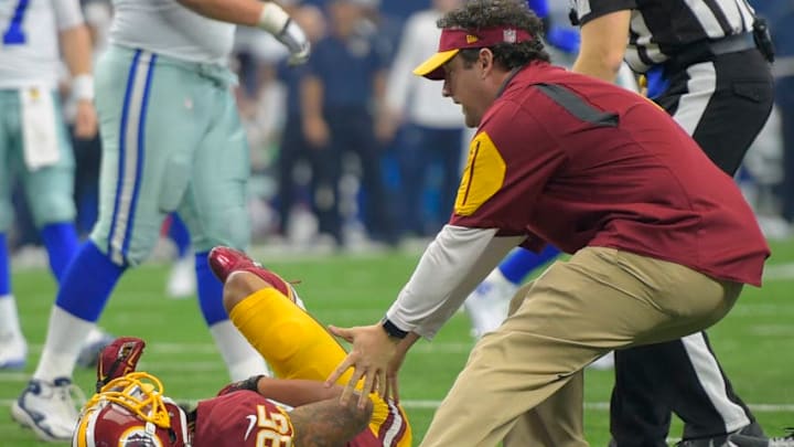 ARLINGTON TX, JANUARY 3: Washington defensive back Dashaun Phillips (35) is injured during the Washington Redskins defeat of the Dallas Cowboys 34- 23 in Arlington TX, January 3, 2016. (Photo by John McDonnell / The Washington Post via Getty Images)