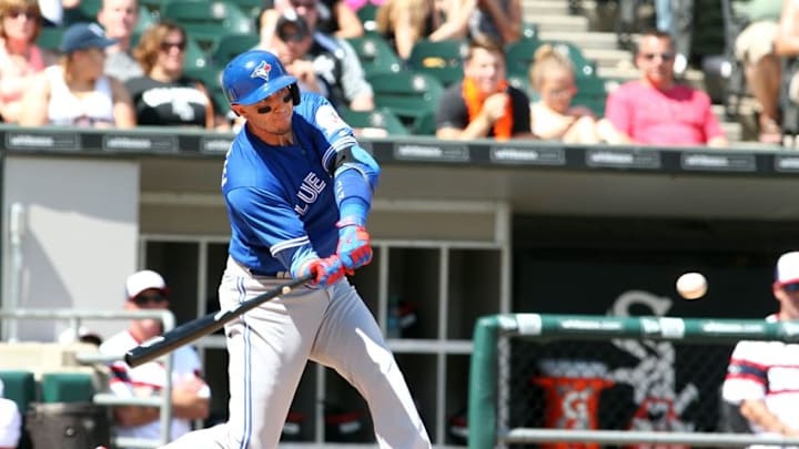 Jun 26, 2016; Chicago, IL, USA; Toronto Blue Jays shortstop Troy Tulowitzki (2) hits a home run during the eighth inning against the Chicago White Sox at U.S. Cellular Field. Mandatory Credit: Caylor Arnold-USA TODAY Sports