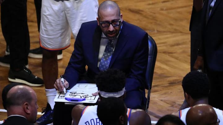 NEW YORK, NEW YORK - JANUARY 25: Head Coach David Fizdale of the New York Knicks coaches his team against the Brooklyn Nets during their game at the Barclays Center on January 25, 2019 in New York City. NOTE TO USER: User expressly acknowledges and agrees that, by downloading and or using this photograph, User is consenting to the terms and conditions of the Getty Images License Agreement. (Photo by Al Bello/Getty Images)