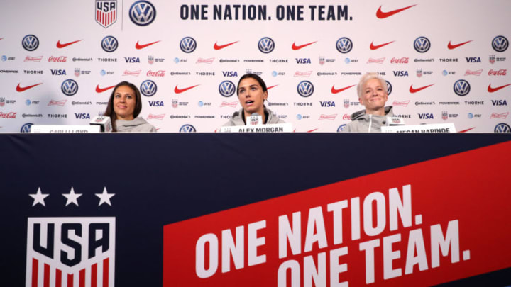 NEW YORK, NEW YORK - MAY 24: (L-R) Carli Lloyd, Alex Morgan and Megan Rapinoe speak during the United States Women's National Team Media Day ahead of the 2019 Women's World Cup at Twitter NYC on May 24, 2019 in New York City. (Photo by Mike Lawrie/Getty Images)