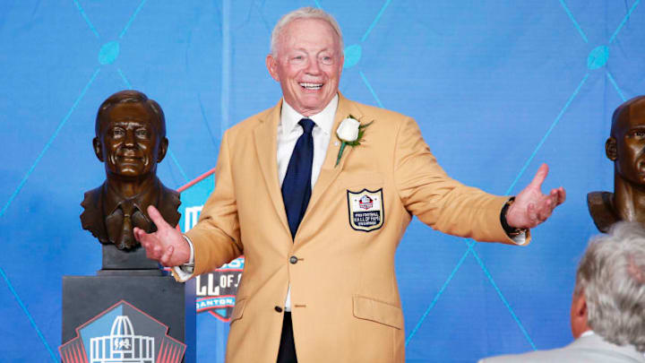 CANTON, OH - AUGUST 05: Dallas Cowboys owner Jerry Jones reacts following the Pro Football Hall of Fame Enshrinement Ceremony at Tom Benson Hall of Fame Stadium on August 5, 2017 in Canton, Ohio. (Photo by Joe Robbins/Getty Images)