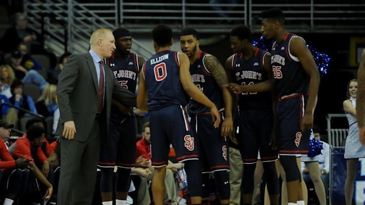 Feb 28, 2016; Omaha, NE, USA; St. John's Red Storm head coach Chris Mullin talks with the team before play in the second half against the Creighton Bluejays at CenturyLink Center Omaha. Creighton defeated St John's 100-59. Mandatory Credit: Steven Branscombe-USA TODAY Sports