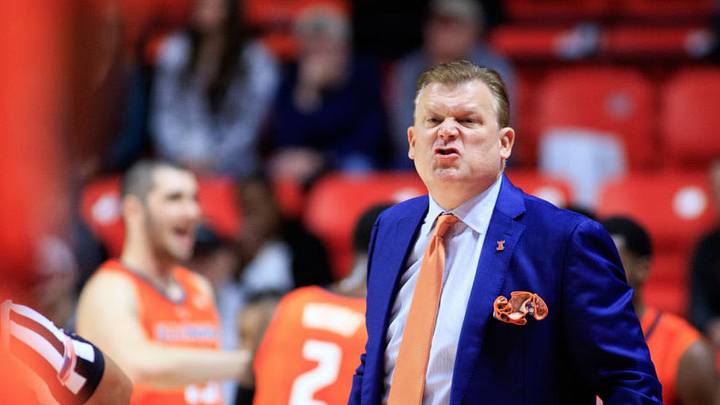 CHAMPAIGN, ILLINOIS - DECEMBER 15: Head coach Brad Underwood of the Illinois Fighting Illini reacts after a play in the game against the East Tennessee State Buccaneers at State Farm Center on December 15, 2018 in Champaign, Illinois. (Photo by Justin Casterline/Getty Images)