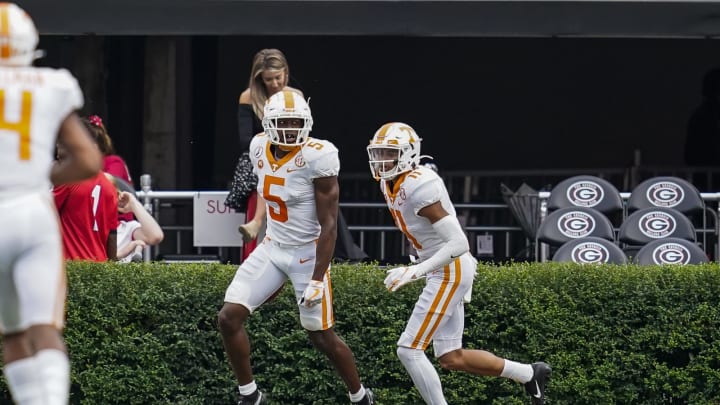 Oct 10, 2020; Athens, Georgia, USA; Tennessee Volunteers wide receiver Josh Palmer (5) reacts after catching a touchdown pass against the Georgia Bulldogs during the first half at Sanford Stadium. Mandatory Credit: Dale Zanine-USA TODAY Sports