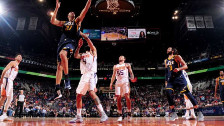 PHOENIX, AZ – OCTOBER 25: Rudy Gobert #27 of the Utah Jazz goes to the basket against the Phoenix Suns on October 25, 2017 at Talking Stick Resort Arena in Phoenix, Arizona. NOTE TO USER: User expressly acknowledges and agrees that, by downloading and or using this photograph, user is consenting to the terms and conditions of the Getty Images License Agreement. Mandatory Copyright Notice: Copyright 2017 NBAE (Photo by Barry Gossage/NBAE via Getty Images)