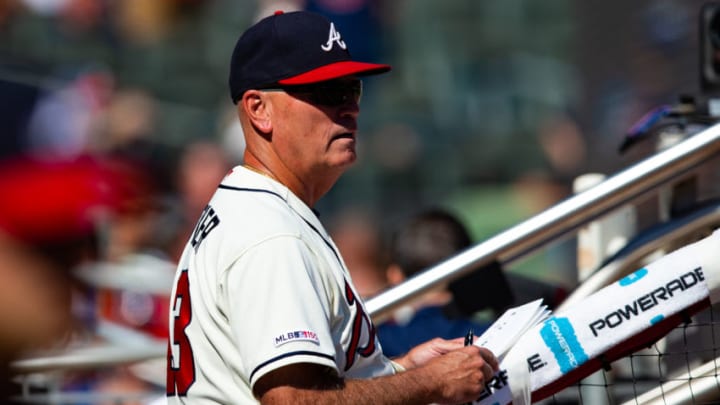 ATLANTA, GA - SEPTEMBER 22: Brian Snitker #43 of the Atlanta Braves looks on during a game against the San Francisco Giants at SunTrust Park on September 22, 2019 in Atlanta, Georgia. (Photo by Carmen Mandato/Getty Images)