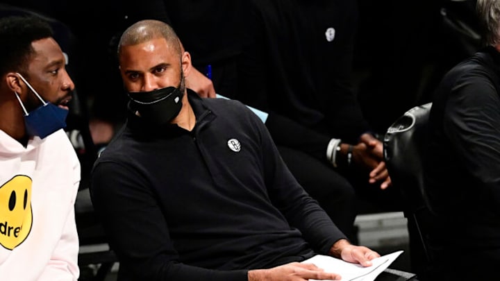 NEW YORK, NEW YORK - JUNE 01: Assistant Coach Ime Udoka of the Brooklyn Nets looks on against the Boston Celtics in Game Five of the First Round of the 2021 NBA Playoffs at Barclays Center on June 01, 2021 in the Brooklyn borough of New York City. NOTE TO USER: User expressly acknowledges and agrees that, by downloading and or using this photograph, User is consenting to the terms and conditions of the Getty Images License Agreement. (Photo by Steven Ryan/Getty Images)