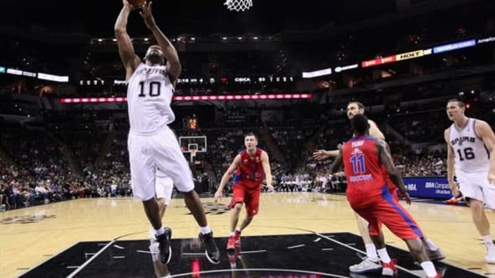 Oct 9, 2013; San Antonio, TX, USA; San Antonio Spurs forward Sam Young (10) shoots during the second half against the CSKA Moscow at the AT&T Center.