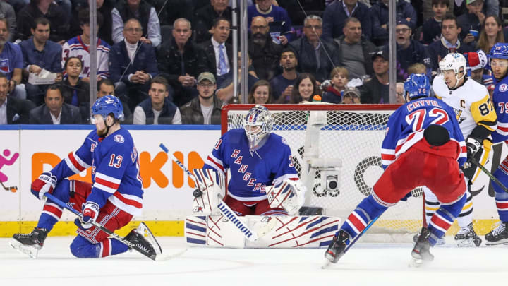 May 3, 2022; New York, New York, USA; New York Rangers goaltender Igor Shesterkin (31) makes a save against the Pittsburgh Penguins during the second period in game one of the first round of the 2022 Stanley Cup Playoffs at Madison Square Garden. Mandatory Credit: Vincent Carchietta-USA TODAY Sports