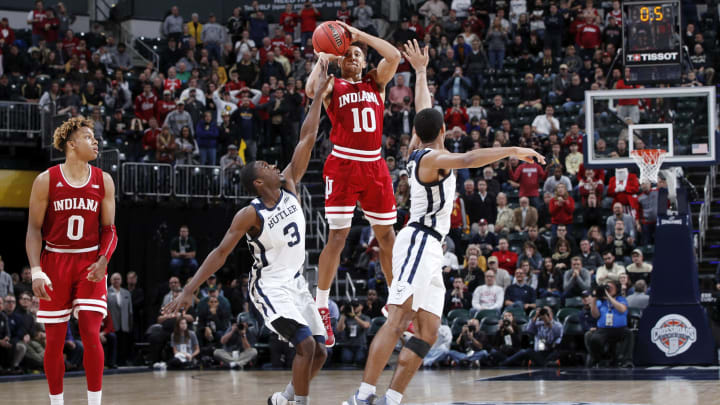 INDIANAPOLIS, IN – DECEMBER 15: Rob Phinisee #10 of the Indiana Hoosiers hits the game-winning shot against the Butler Bulldogs in the second half of the Crossroads Classic at Bankers Life Fieldhouse on December 15, 2018 in Indianapolis, Indiana. Indiana won 71-68. (Photo by Joe Robbins/Getty Images)