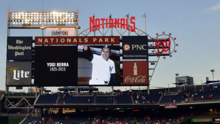 Sep 23, 2015; Washington, DC, USA; A video tribute for Yogi Berra is shown on the score board during a moment of silence before the game between the Washington Nationals and the Baltimore Orioles at Nationals Park. Mandatory Credit: Tommy Gilligan-USA TODAY Sports