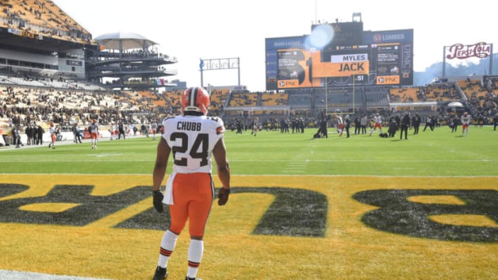 Jan 8, 2023; Pittsburgh, Pennsylvania, USA; Cleveland Browns running back Nick Chubb (24) before playing the Pittsburgh Steelers at Acrisure Stadium. Mandatory Credit: Philip G. Pavely-USA TODAY Sports