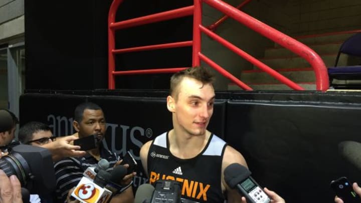 Jun. 3, 2015; Phoenix, AZ, USA; 2015 NBA Draft prospect Sam Dekker talks to the media at his Phoenix Suns draft workout. Mandatory Credit: Gerald Bourguet-Valley of the Suns