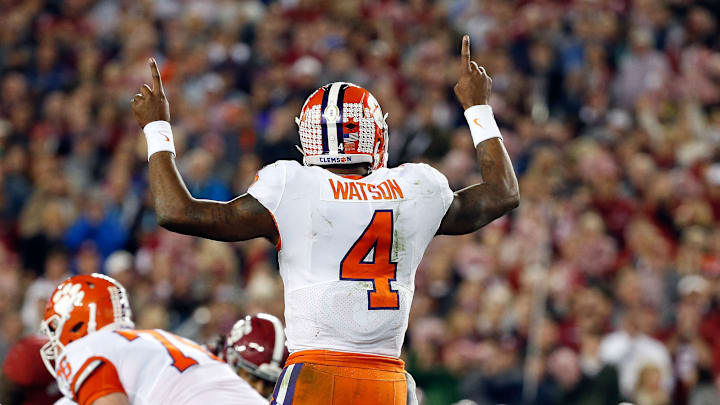 Jan 9, 2017; Tampa, FL, USA; Clemson Tigers quarterback Deshaun Watson (4) calls a play against the Alabama Crimson Tide in the 2017 College Football Playoff National Championship Game at Raymond James Stadium. Mandatory Credit: Kim Klement-USA TODAY Sports