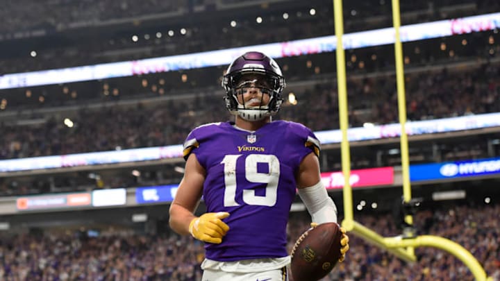 MINNEAPOLIS, MN - OCTOBER 28: Adam Thielen #19 of the Minnesota Vikings catches the ball in the end zone for a touchdown in the fourth quarter of the game against the New Orleans Saints at U.S. Bank Stadium on October 28, 2018 in Minneapolis, Minnesota. (Photo by Hannah Foslien/Getty Images)