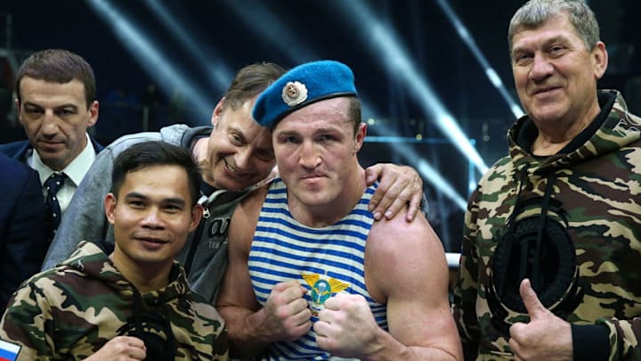 YEKATERINBURG, RUSSIA JULY 9, 2017: Russian boxer Denis Lebedev (C) seen after beating Australian boxer Mark Flanagan in a bout for the WBA super cruiserweight title at the boxing and mixed martial arts tournament in Yekaterinburg. Valery Sharifulin/TASS (Photo by Valery SharifulinTASS via Getty Images)