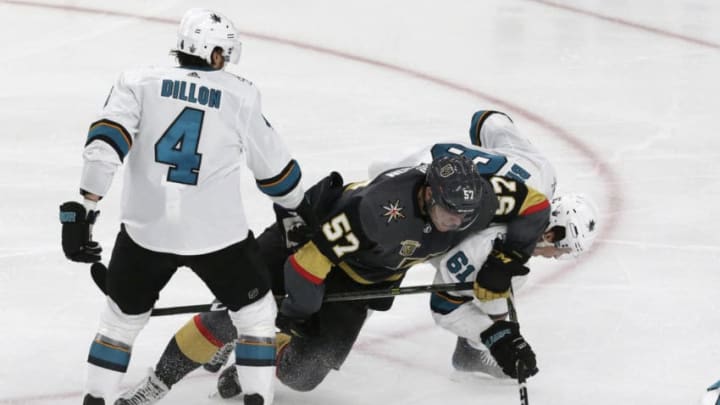 LAS VEGAS, NV – MAY 04: Vegas Golden Knights left wing David Perron (57) collides with San Jose Sharks defenseman Justin Braun (61) during Game 5 of the Western Conference Second Round of the 2018 NHL Stanley Cup Playoffs between the San Jose Sharks and the Vegas Golden Knights Friday, May 4, 2018, at T-Mobile Arena in Las Vegas, Nevada. The Golden Knights won 5-3. (Photo by: Marc Sanchez/Icon Sportswire via Getty Images)