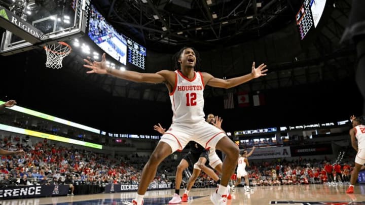 Mar 12, 2023; Fort Worth, TX, USA; Houston Cougars guard Tramon Mark (12) defends against the Memphis Tigers in bound pass during the second half at Dickies Arena. Mandatory Credit: Jerome Miron-USA TODAY Sports