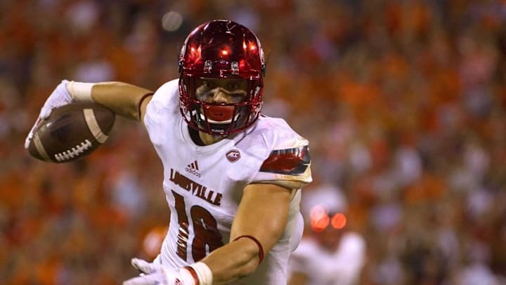 Oct 1, 2016; Clemson, SC, USA; Louisville Cardinals tight end Cole Hikutini (18) carries the ball during the third quarter against the Clemson Tigers at Clemson Memorial Stadium. Mandatory Credit: Joshua S. Kelly-USA TODAY Sports