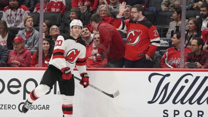 WASHINGTON, DC - JANUARY 16: Blake Coleman #20 of the New Jersey Devils celebrates after scoring a goal in the third period against the Washington Capitals at Capital One Arena on January 16, 2020 in Washington, DC. (Photo by Patrick McDermott/NHLI via Getty Images)