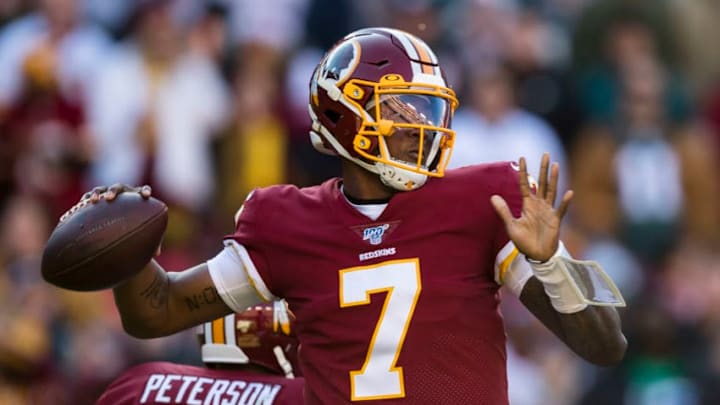 LANDOVER, MD - DECEMBER 15: Dwayne Haskins #7 of the Washington Redskins throws a touchdown pass against the Philadelphia Eagles during the first half at FedExField on December 15, 2019 in Landover, Maryland. (Photo by Scott Taetsch/Getty Images)