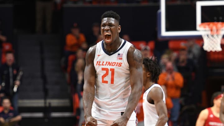 CHAMPAIGN, IL – JANUARY 11: Illinois Fighting Illini center Kofi Cockburn (21) celebrates after a play during the Big Ten Conference college basketball game between the Rutgers Scarlet Knights and the Illinois Fighting Illini on January 11, 2020, at the State Farm Center in Champaign, Illinois. (Photo by Michael Allio/Icon Sportswire via Getty Images)