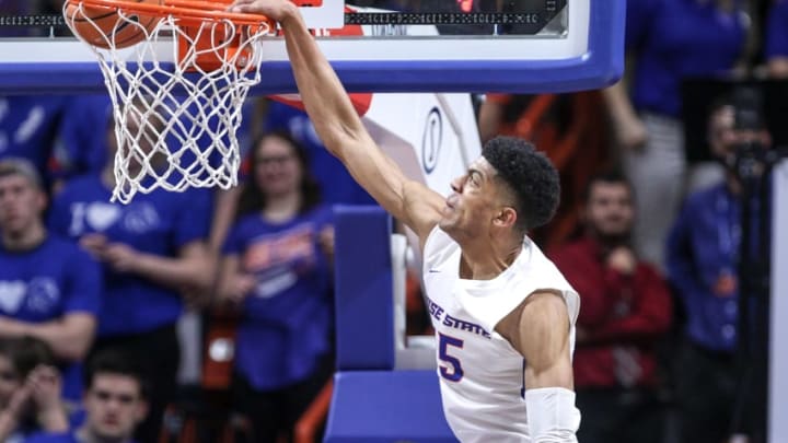 BOISE, ID - FEBRUARY 14: Guard Chandler Hutchison #15 of the Boise State Broncos dunks the ball during first-half action against the Nevada Wolf Pack on February 14, 2018 at Taco Bell Arena in Boise, Idaho. (Photo by Loren Orr/Getty Images)