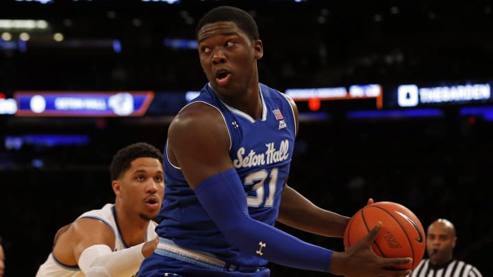 Mar 10, 2017; New York, NY, USA; Seton Hall Pirates forward Angel Delgado (31) looks to pass defended by Villanova Wildcats guard Josh Hart (3) during the Big East Conference Tournament at Madison Square Garden. Mandatory Credit: Adam Hunger-USA TODAY Sports