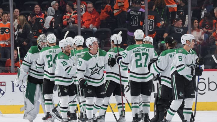 PHILADELPHIA, PA - NOVEMBER 13: The Dallas Stars celebrate their win against the Philadelphia Flyers after the game at the Wells Fargo Center on November 13, 2022 in Philadelphia, Pennsylvania. The Stars defeated the Flyers 5-1. (Photo by Mitchell Leff/Getty Images)