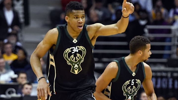 Feb 22, 2016; Milwaukee, WI, USA; Milwaukee Bucks forward Giannis Antetokounmpo (34) reacts after scoring a basket in the fourth quarter during the game against the Los Angeles Lakers at BMO Harris Bradley Center. Antetokounmpo scored 27 points as the Bucks beat the Lakers 108-101. Mandatory Credit: Benny Sieu-USA TODAY Sports
