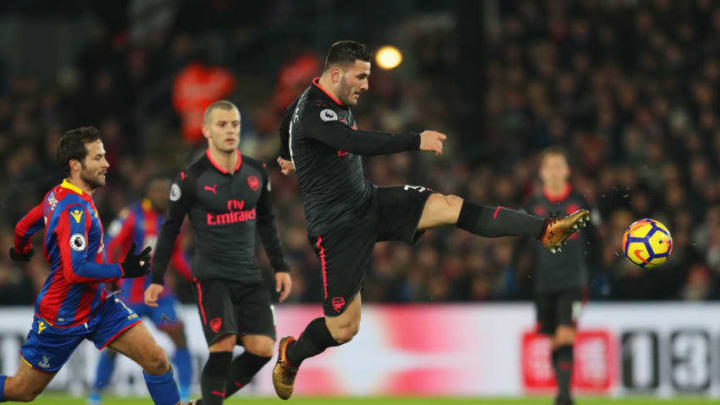 LONDON, ENGLAND - DECEMBER 28: Sead Kolasinac of Arsenal clears the ball during the Premier League match between Crystal Palace and Arsenal at Selhurst Park on December 28, 2017 in London, England. (Photo by Catherine Ivill/Getty Images)